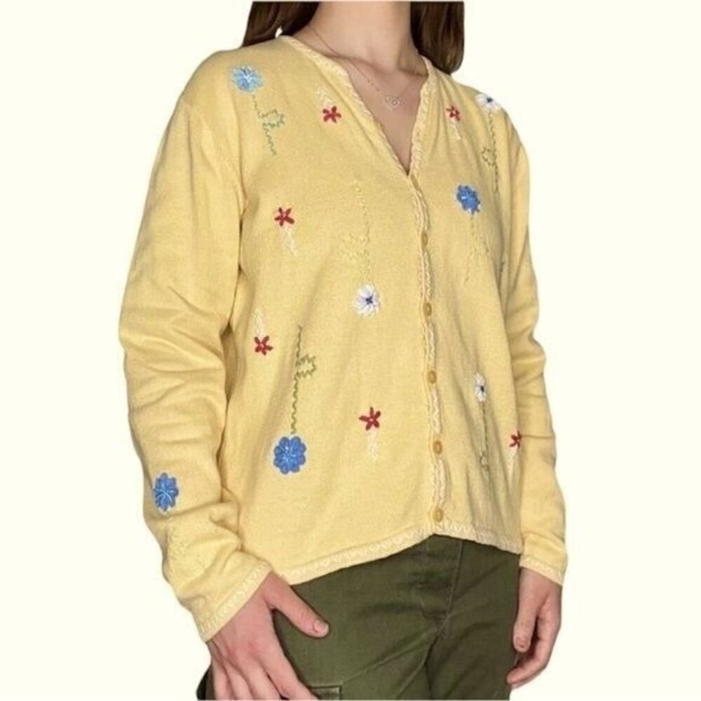 Talbots Yellow Floral Embroidered Long Sleeve Button Down Vintage Sweater Small